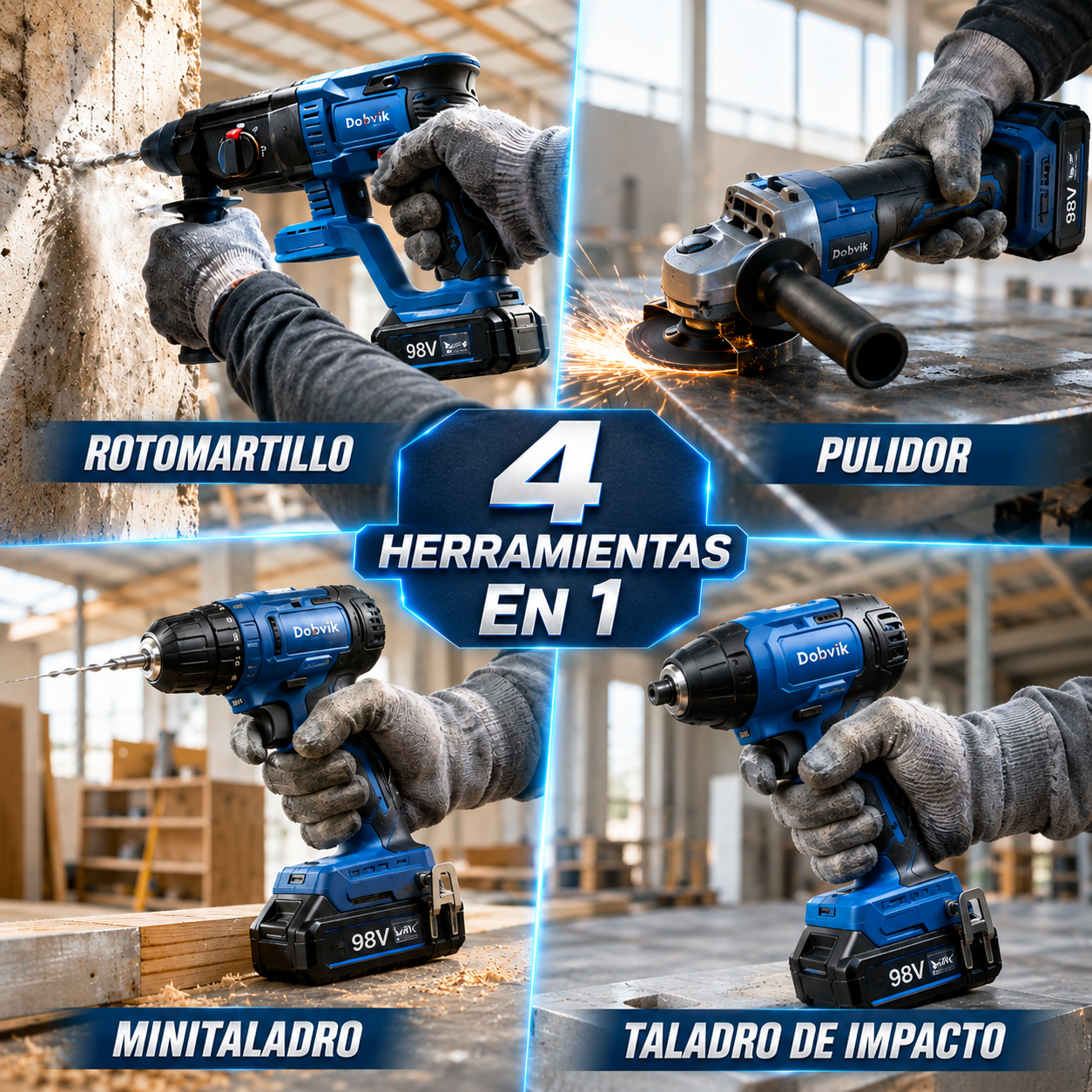 Set Herramientas 5 en 1: Rotomartillo, Pulidora de Corte, Mini Taladro, Pistola de Impacto, y Maletín marca Dotvix™ | 2 Baterías Recargables de 98v